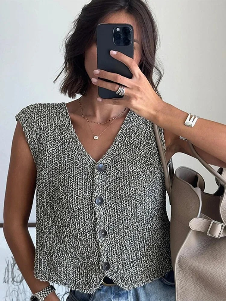 Celandria | Women’s V‑Neck Knitted Vest – Button‑Front Sleeveless Layer