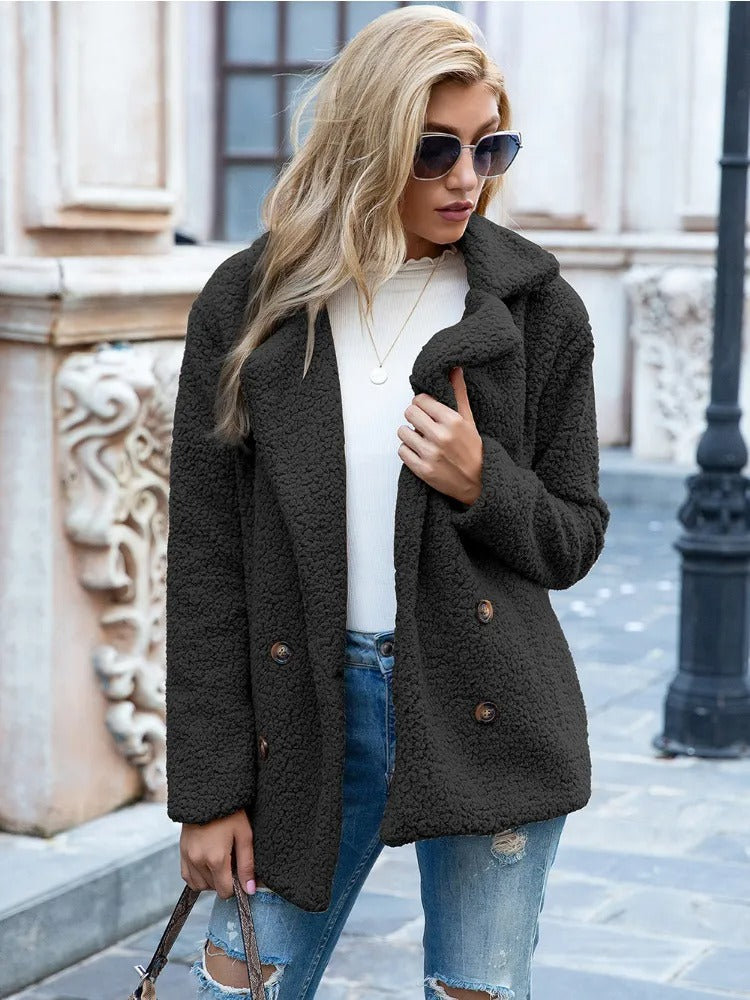Magdalen | Women's Solid Colour Double-Breasted Teddy Winter Coat with Lapel Collar
