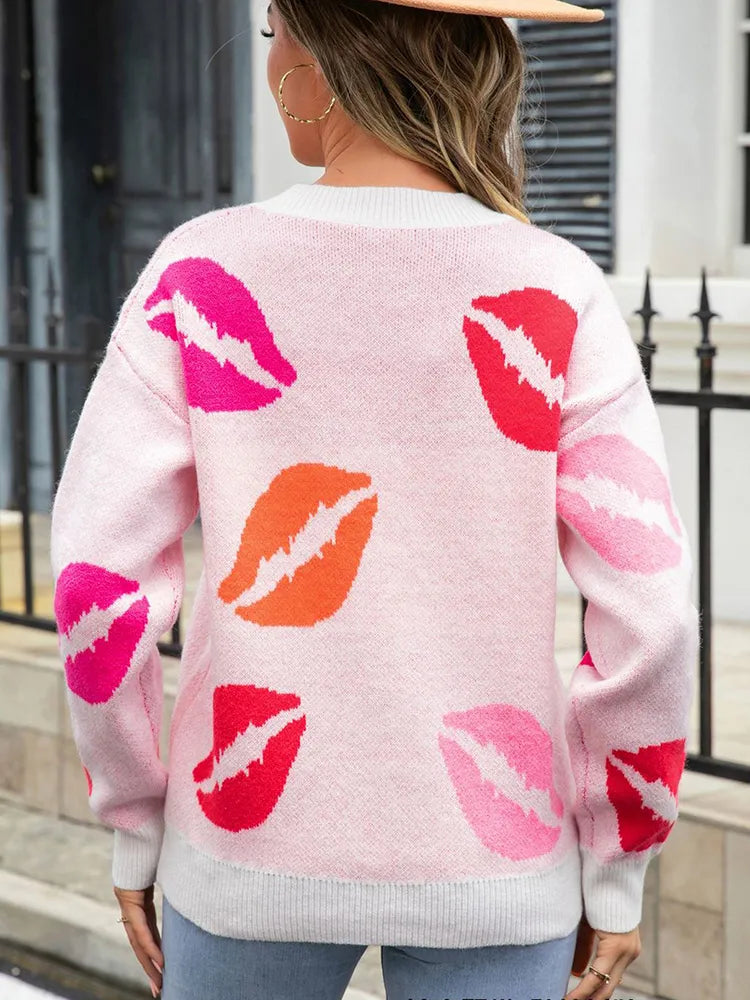 Desirae | Women's V-Neck Pullover with Lip Print – Trendy & Cosy Fashion Statement