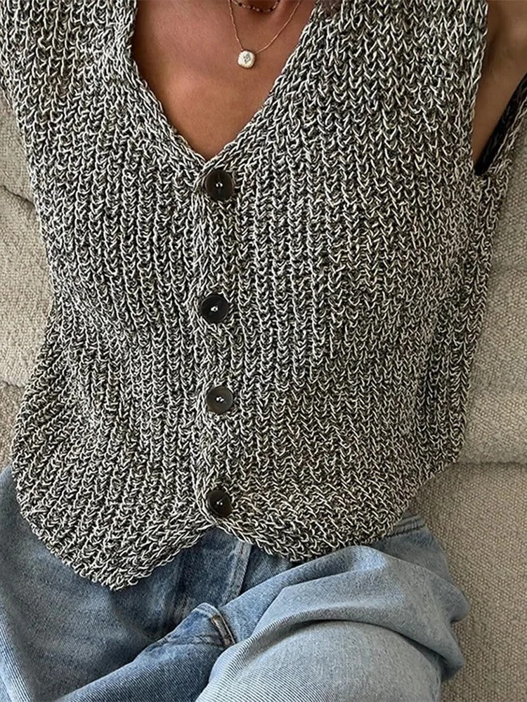 Celandria | Women’s V‑Neck Knitted Vest – Button‑Front Sleeveless Layer