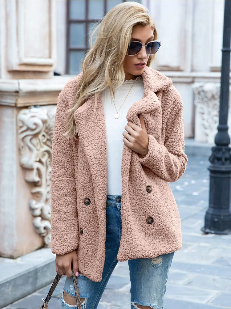 Magdalen | Women's Solid Colour Double-Breasted Teddy Winter Coat with Lapel Collar