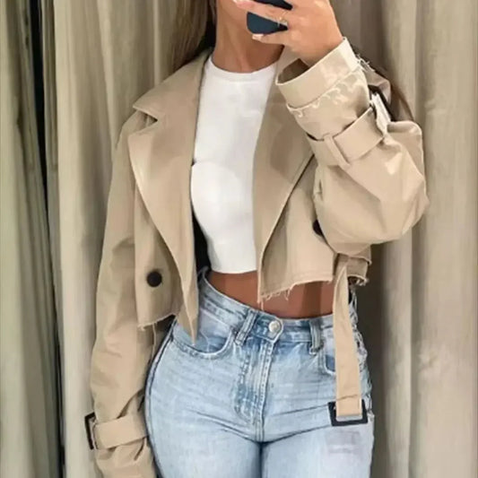 Alison | Women’s Khaki Cropped Double-Breasted Cotton Jacket with Waist Belt