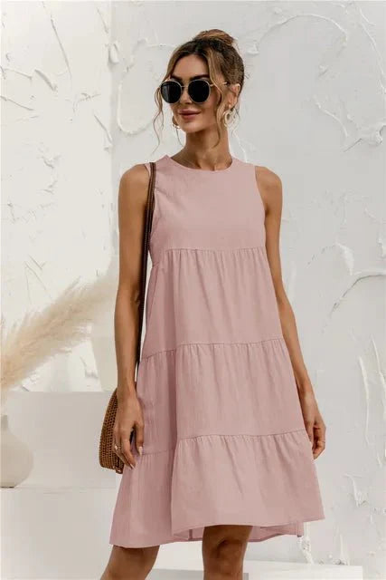 Lucy | Women's Solid Colour Sleeveless Layered Round Neck Summer Mini Dress