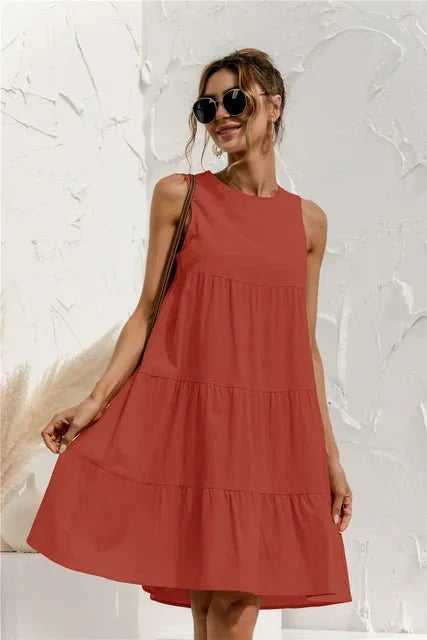 Lucy | Women's Solid Colour Sleeveless Layered Round Neck Summer Mini Dress