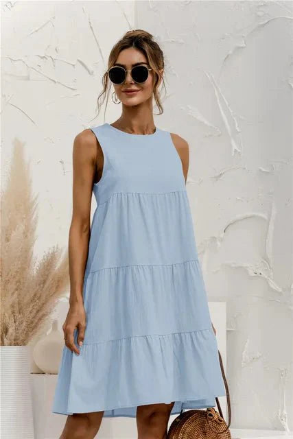 Lucy | Women's Solid Colour Sleeveless Layered Round Neck Summer Mini Dress