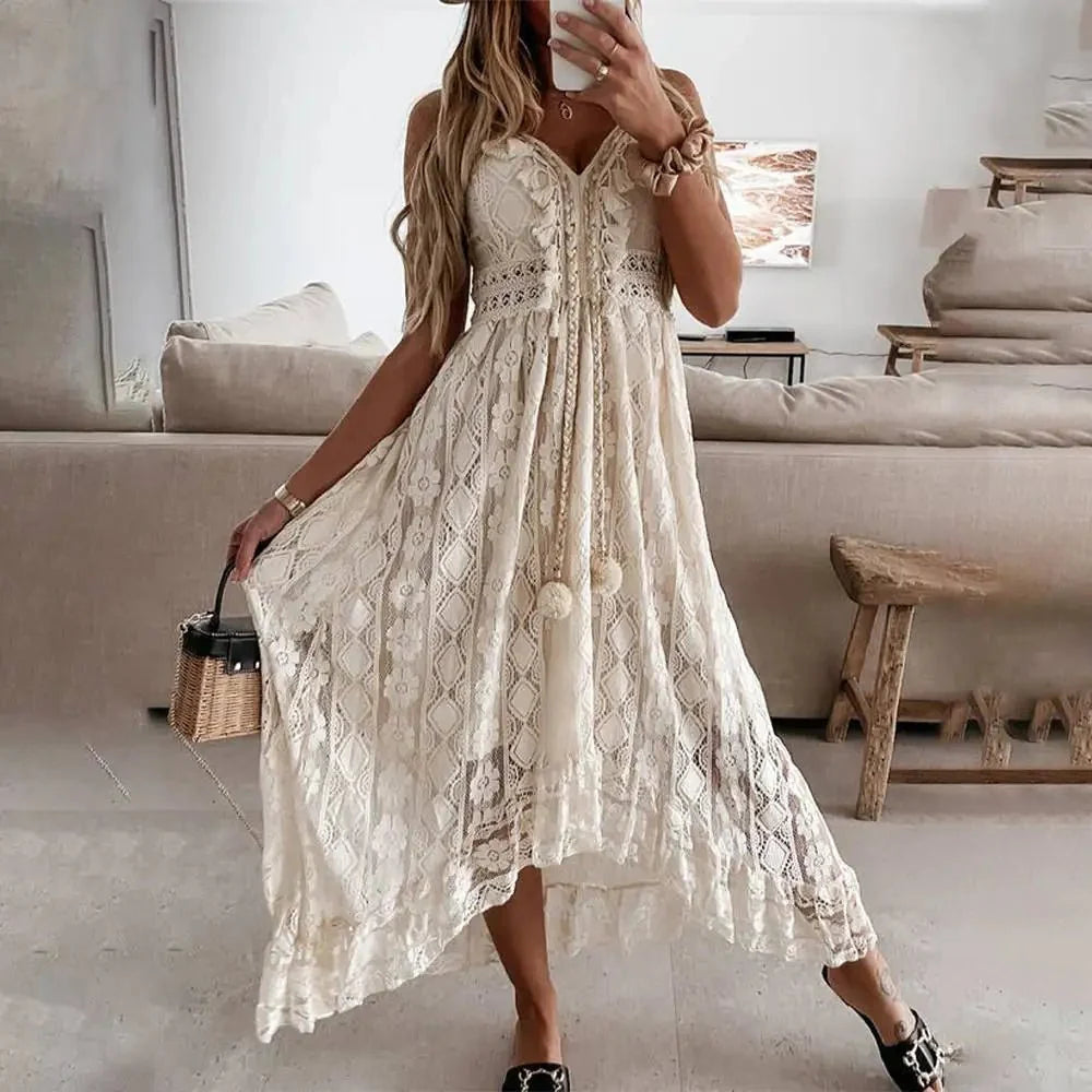 Maisie | Women's Sleeveless Boho Lace Maxi Dress with Deep V-Neck – Summer Elegance