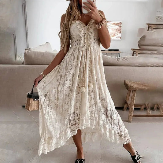 Maisie | Women's Sleeveless Boho Lace Maxi Dress with Deep V-Neck – Summer Elegance