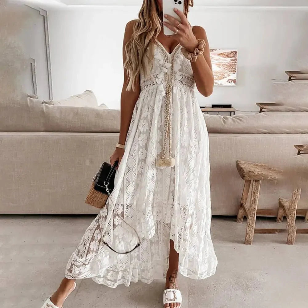 Maisie | Women's Sleeveless Boho Lace Maxi Dress with Deep V-Neck – Summer Elegance