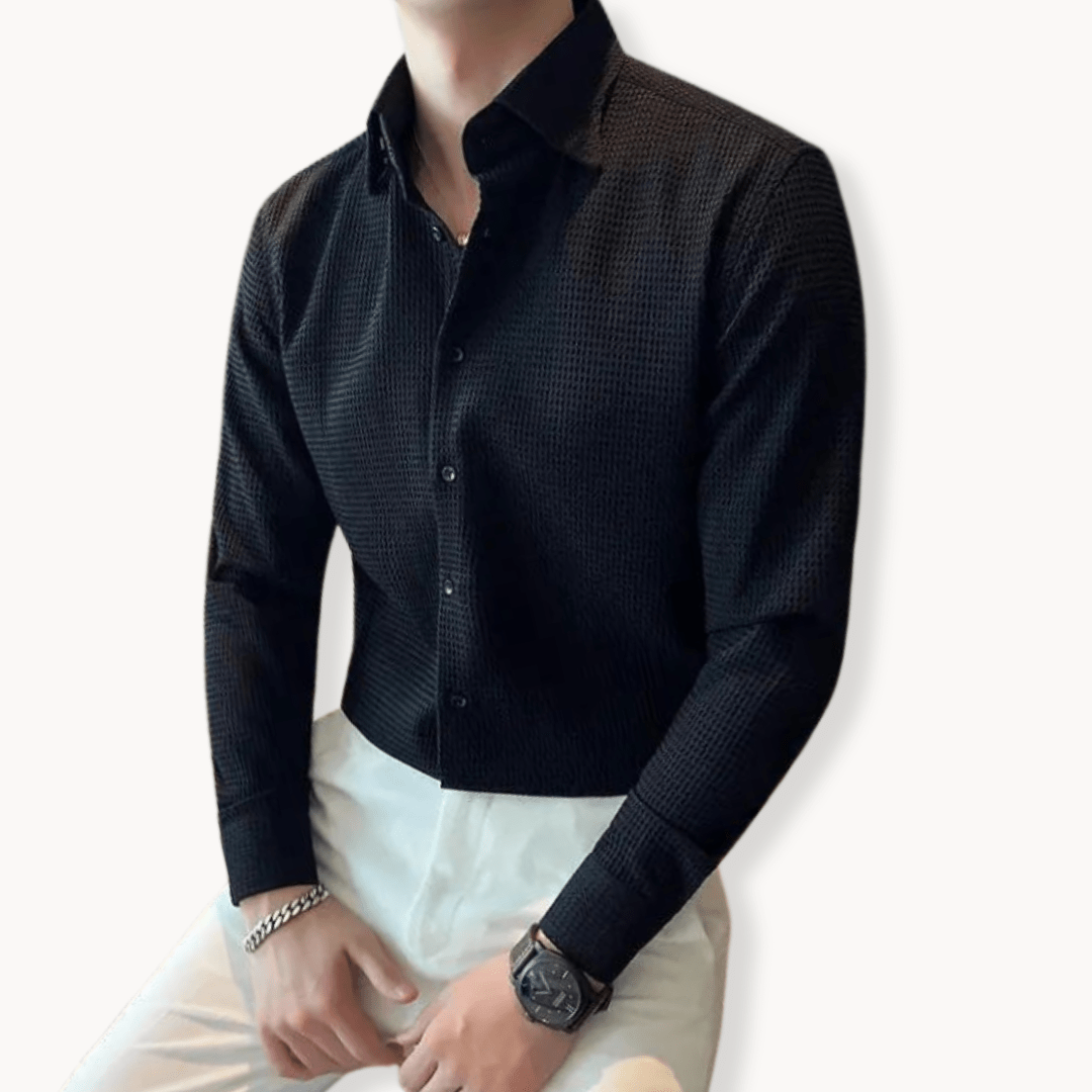 Ashford | Honeycomb‑Textured Long‑Sleeve Shirt – Button Front & Lapel Collar