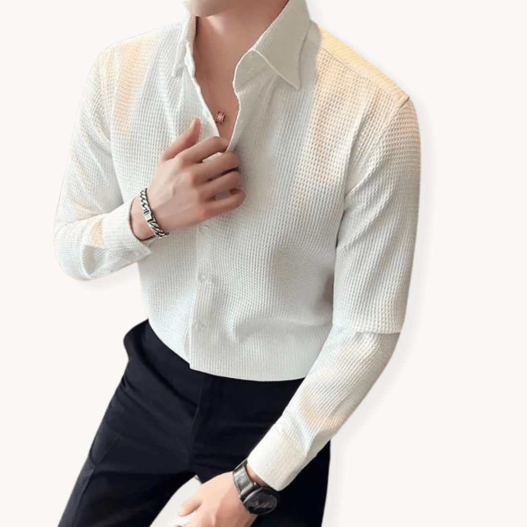 Ashford | Honeycomb‑Textured Long‑Sleeve Shirt – Button Front & Lapel Collar