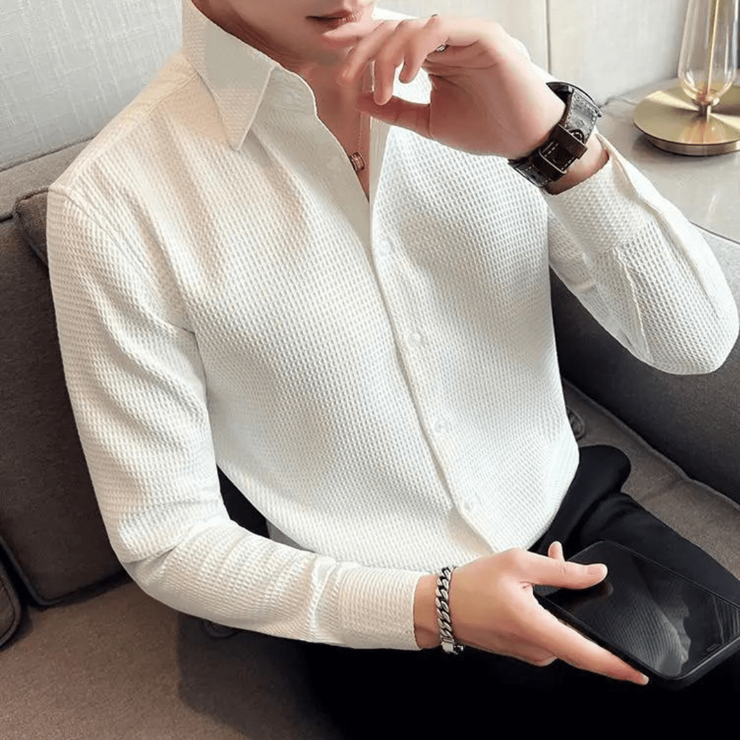 Ashford | Honeycomb‑Textured Long‑Sleeve Shirt – Button Front & Lapel Collar