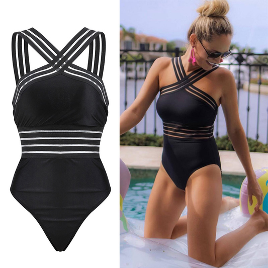 Daphne | Women's Black Halter Neck Cross Back One-Piece Swimsuit