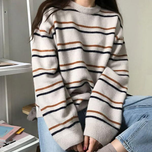 Liliani | Women's Chunky Knit Striped Sweater with Round Neck and Relaxed Fit