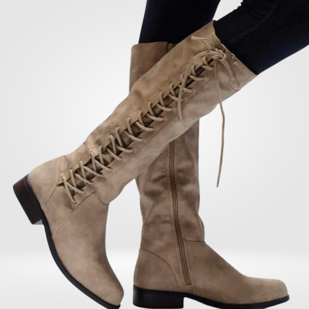Camellia | Women's Round Toe Block Heel High Boots with Side Zip & Lace-Up Design