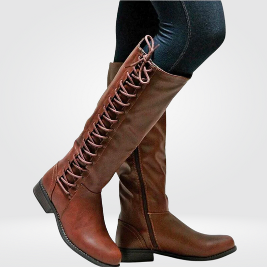 Camellia | Women's Round Toe Block Heel High Boots with Side Zip & Lace-Up Design