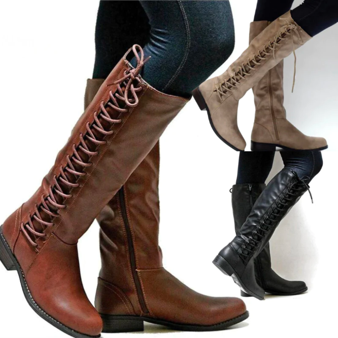 Camellia | Women's Round Toe Block Heel High Boots with Side Zip & Lace-Up Design