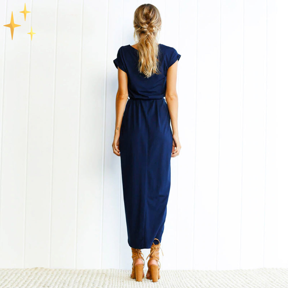 Cadence | Women's Short Sleeve Crew Neck Maxi Dress with Waist Belt