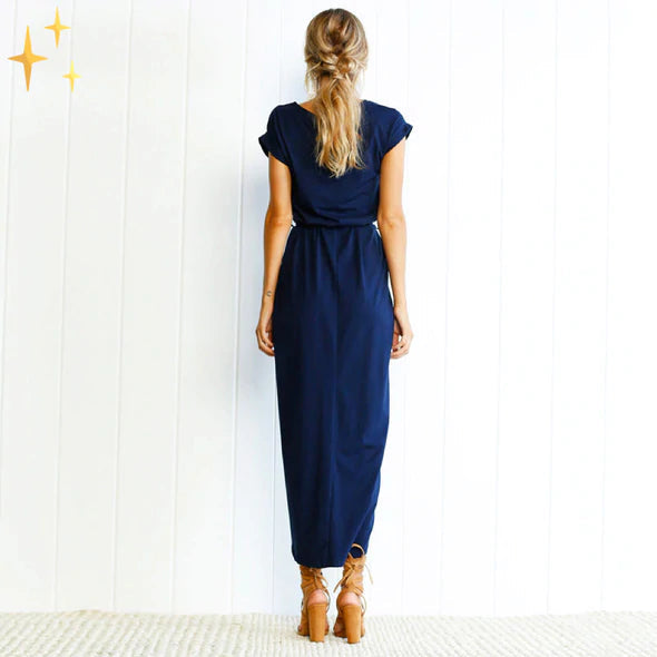 Cadence | Women's Short Sleeve Crew Neck Maxi Dress with Waist Belt