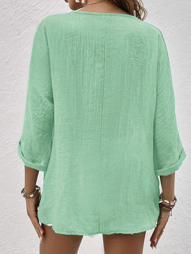 Rhosalie | Linen V‑Neck Button Blouse – Breezy Long‑Sleeve Fit