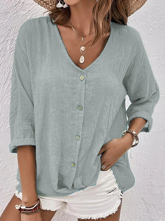 Rhosalie | Linen V‑Neck Button Blouse – Breezy Long‑Sleeve Fit