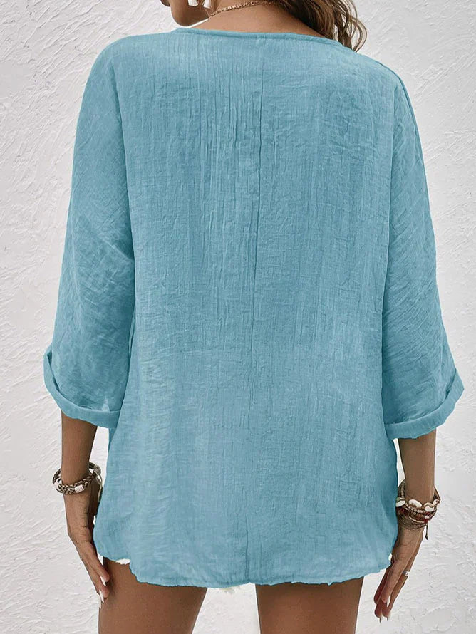 Rhosalie | Linen V‑Neck Button Blouse – Breezy Long‑Sleeve Fit