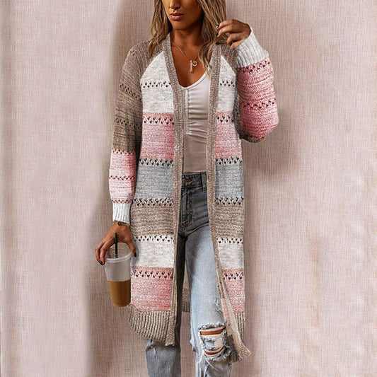 Araminta | Women's Striped Open Knit Long Cardigan with Shawl Collar