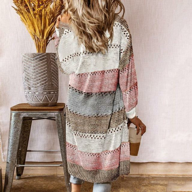 Araminta | Women's Striped Open Knit Long Cardigan with Shawl Collar