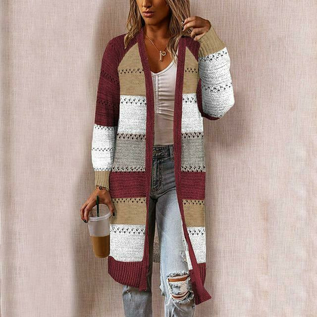 Araminta | Women's Striped Open Knit Long Cardigan with Shawl Collar