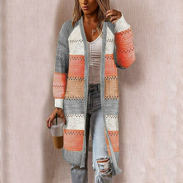 Araminta | Women's Striped Open Knit Long Cardigan with Shawl Collar