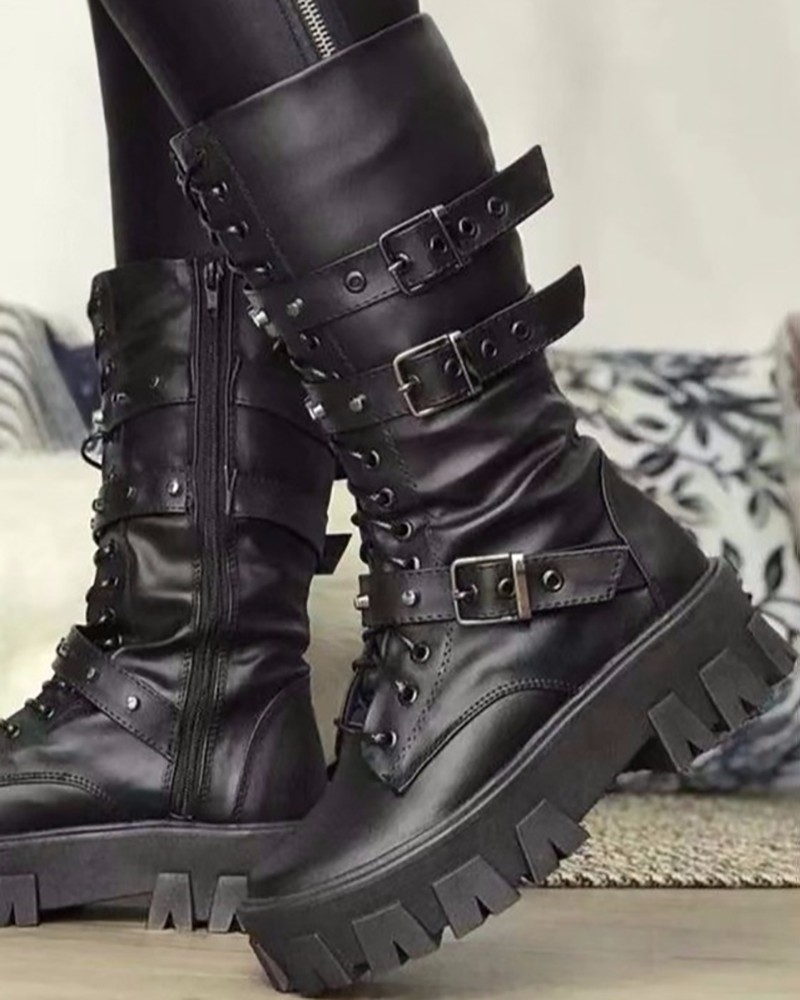 Elwynn | Women's White Military-Style Boots with Lace-Up Design and Buckle Detailing