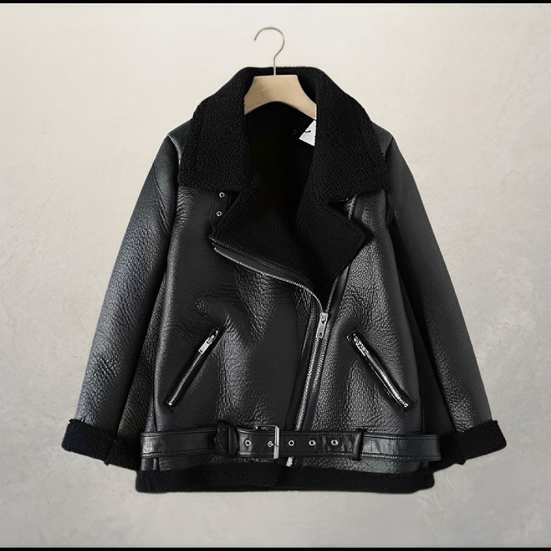 Waltera | Women's Stylish Leather Biker Jacket with Polo Collar & Fleece Lining