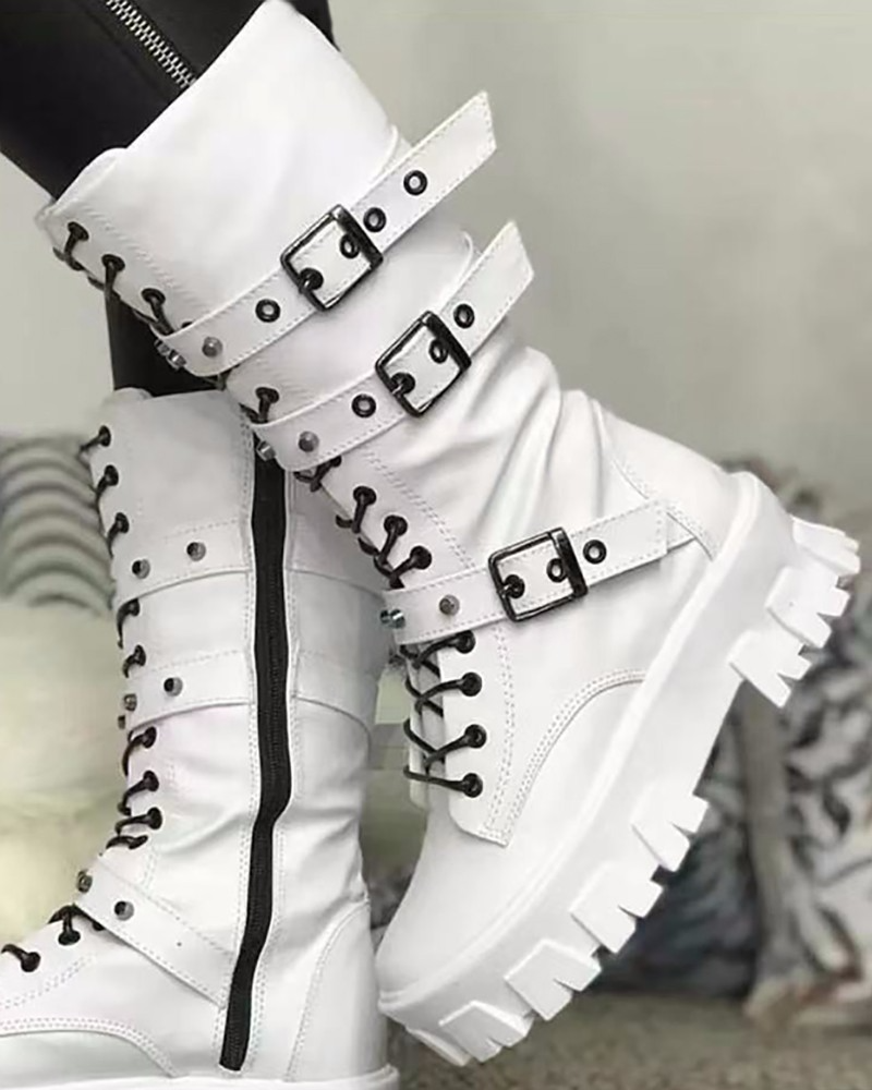 Elwynn | Women's White Military-Style Boots with Lace-Up Design and Buckle Detailing