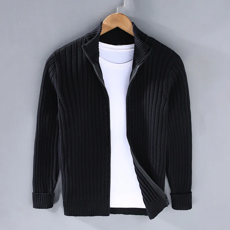 Ethan | Men's Ribbed Knit Cardigan with Zip-Up Stand Collar
