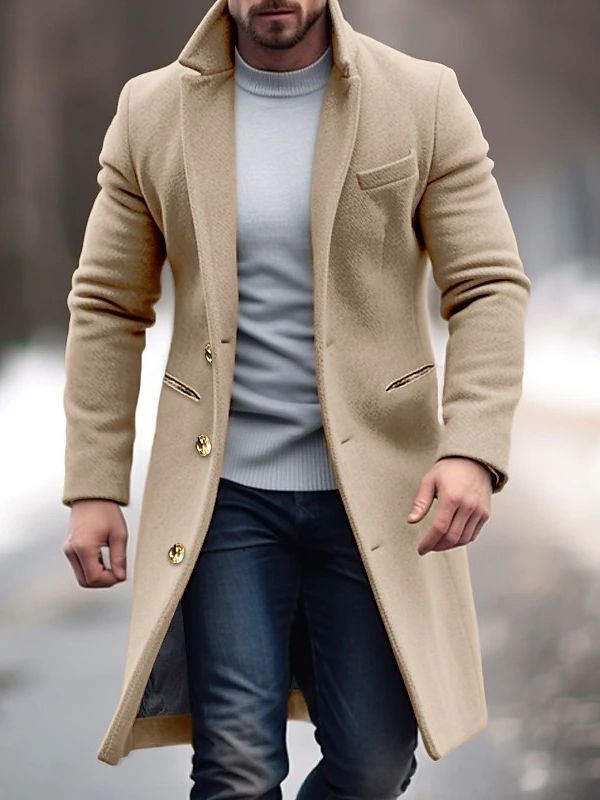 Marcus | Men’s Long Winter Coat in Solid Colour with Slim Fit, Buttons & Practical Pockets