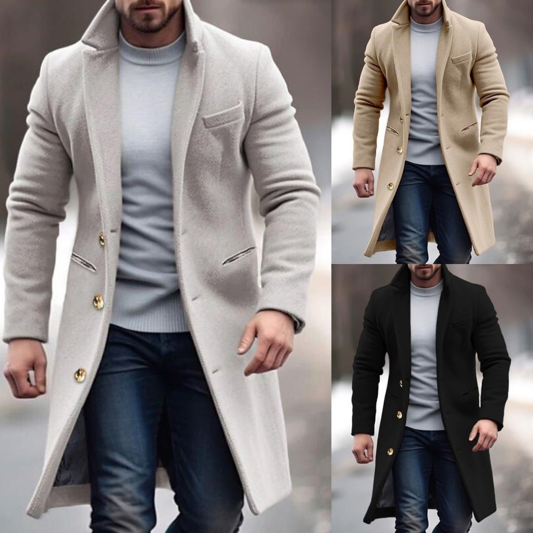 Marcus | Men’s Long Winter Coat in Solid Colour with Slim Fit, Buttons & Practical Pockets