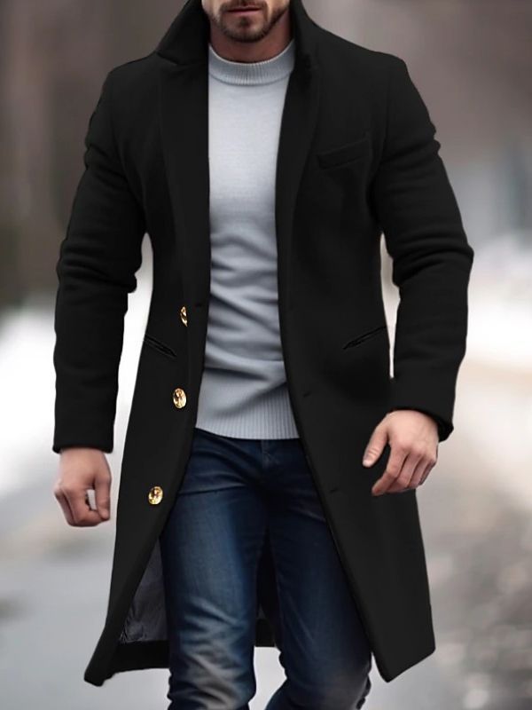 Marcus | Men’s Long Winter Coat in Solid Colour with Slim Fit, Buttons & Practical Pockets