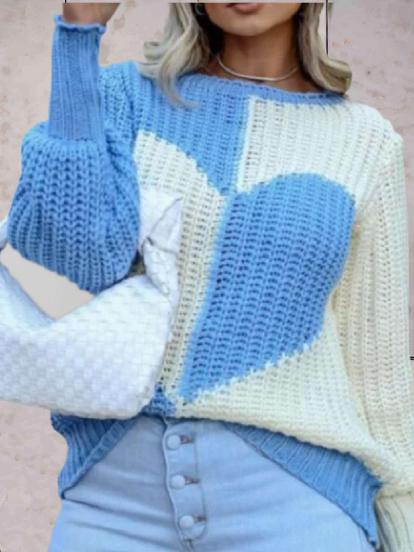 Salvia | Women's Knitted Sweater with Heart Pattern and Contrast Colours