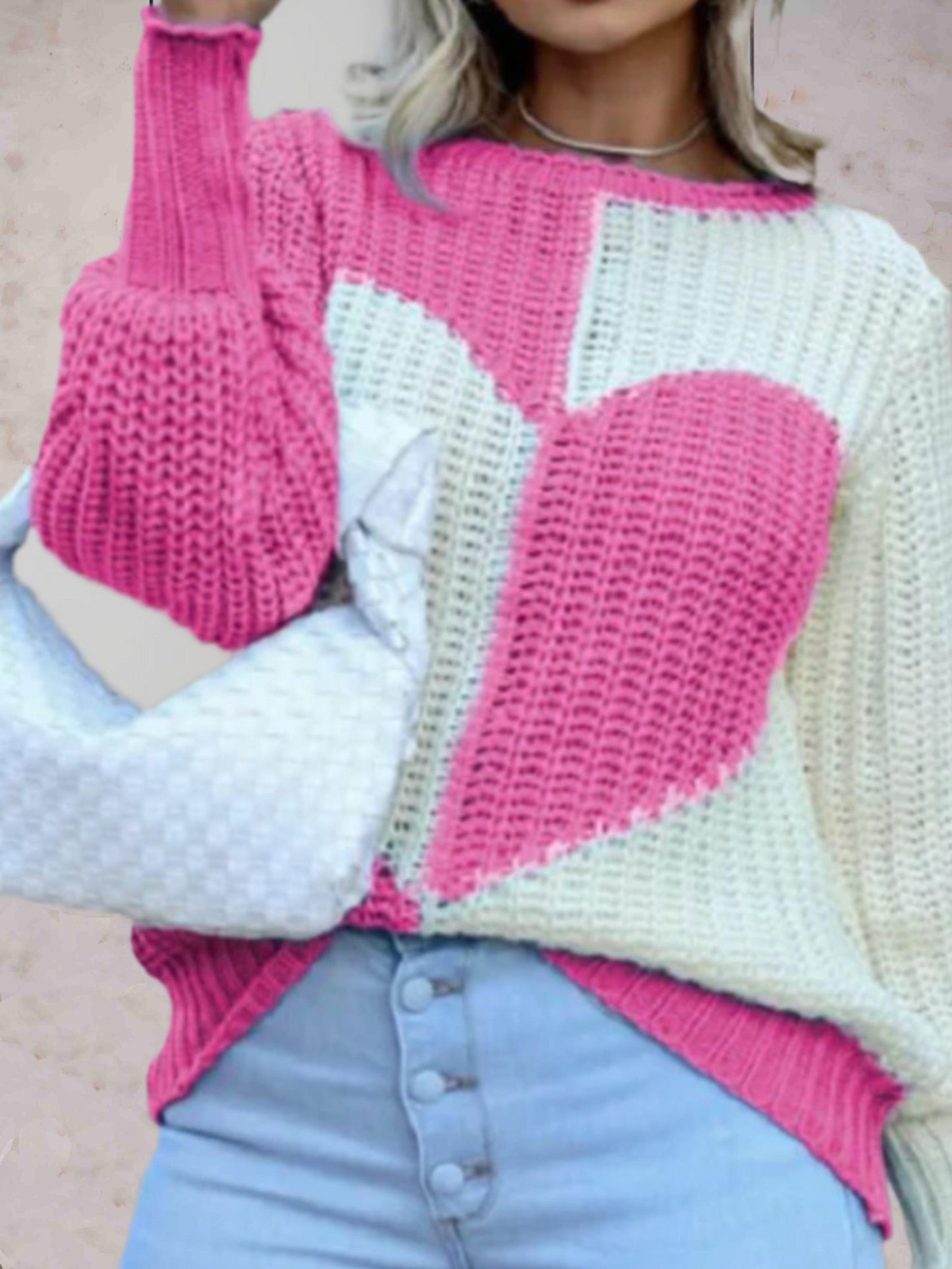 Salvia | Women's Knitted Sweater with Heart Pattern and Contrast Colours