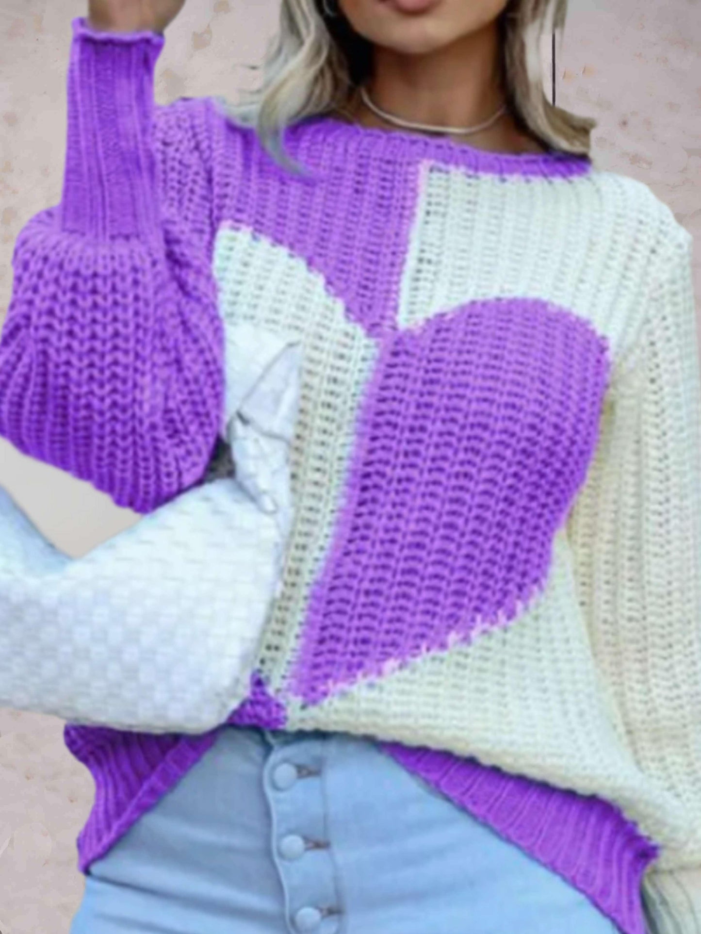 Salvia | Women's Knitted Sweater with Heart Pattern and Contrast Colours