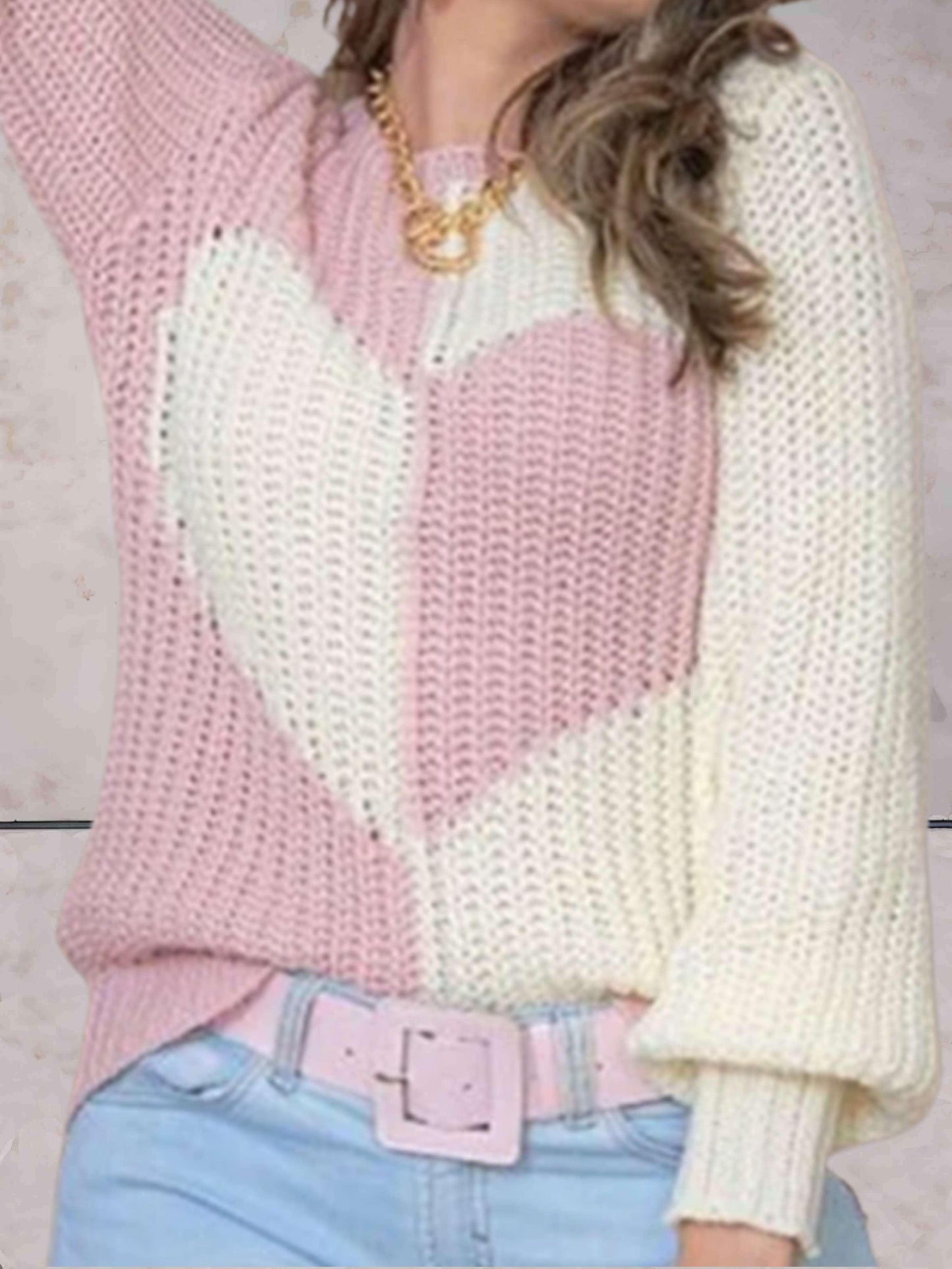 Salvia | Women's Knitted Sweater with Heart Pattern and Contrast Colours