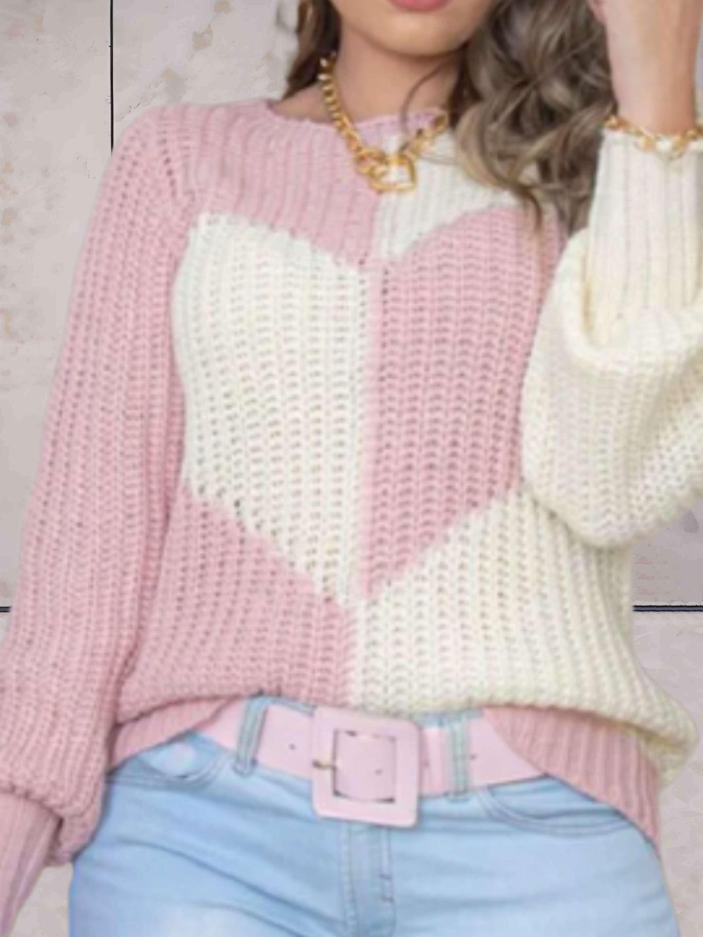 Salvia | Women's Knitted Sweater with Heart Pattern and Contrast Colours