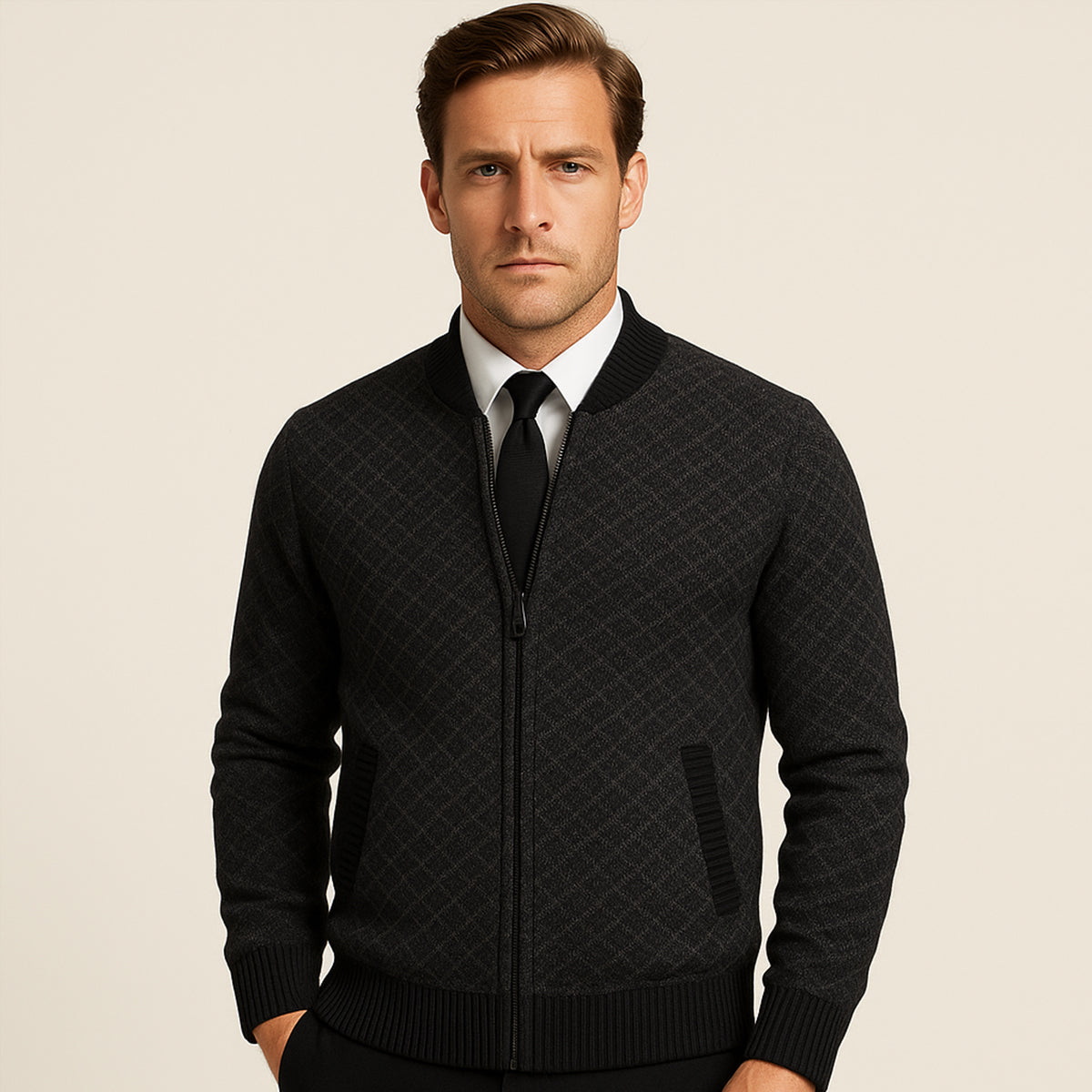 The Bibbona Men’s Knitted Diamond Pattern Zip Up Cardigan