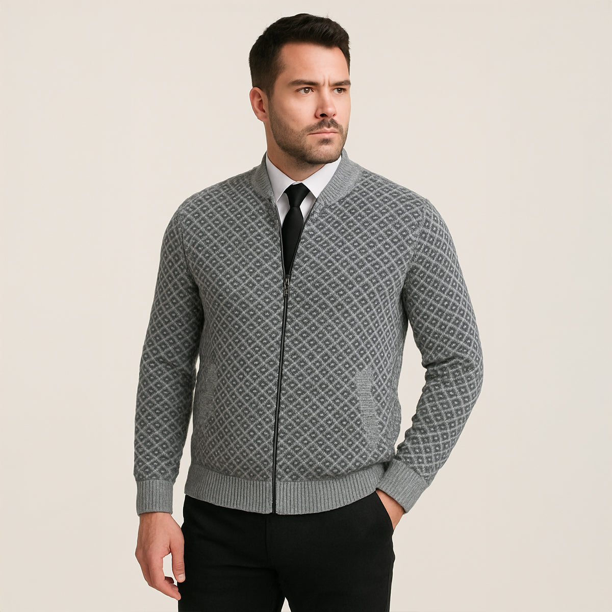 The Bibbona Men’s Knitted Diamond Pattern Zip Up Cardigan