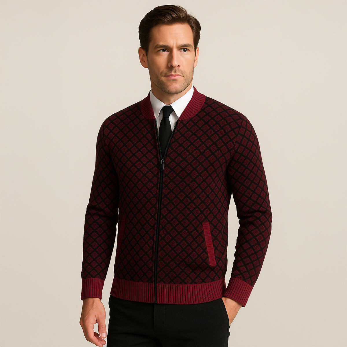 The Bibbona Men’s Knitted Diamond Pattern Zip Up Cardigan