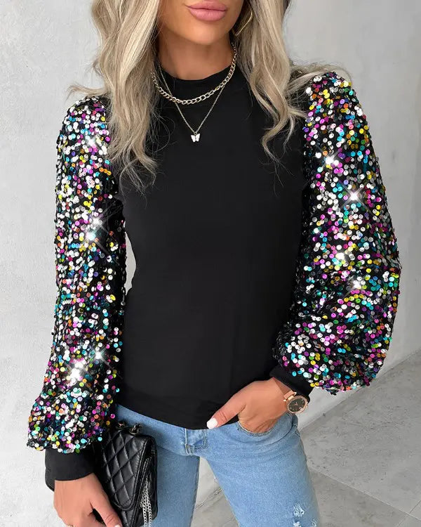 Camilla | Women's Multicolour Sequin Puff Sleeve Blouse with Round Neck
