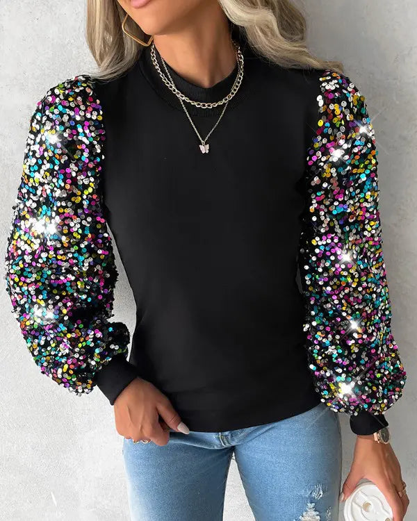 Camilla | Women's Multicolour Sequin Puff Sleeve Blouse with Round Neck
