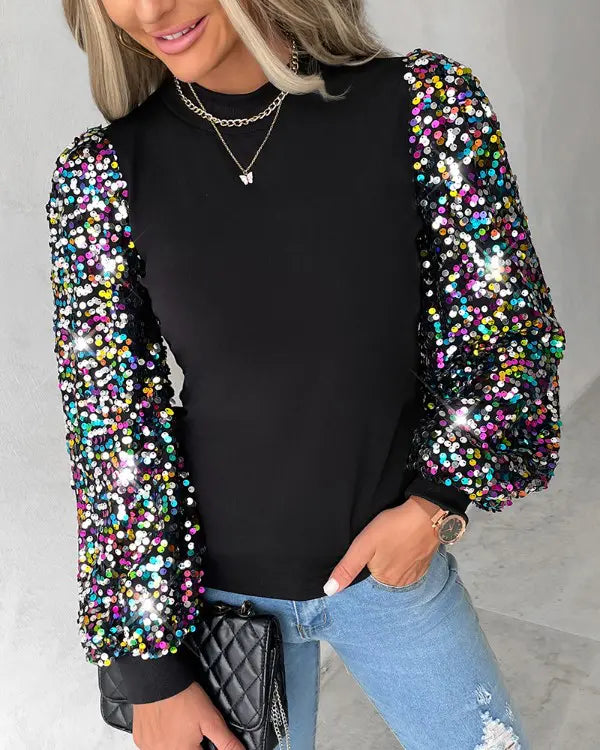 Camilla | Women's Multicolour Sequin Puff Sleeve Blouse with Round Neck