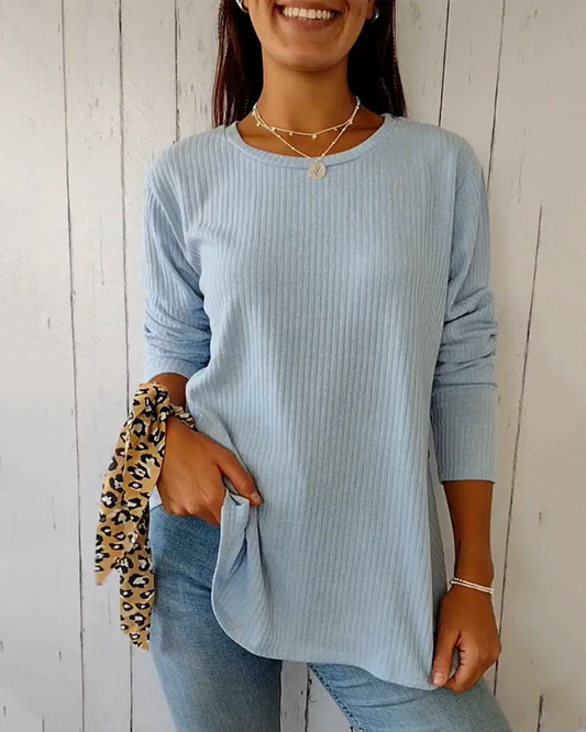 Aubrielle | Ribbed Knit Long Sleeve Top – Solid Colour Round Neck Shirt for Women
