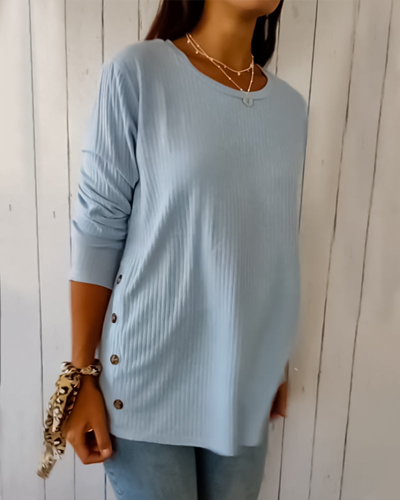 Aubrielle | Ribbed Knit Long Sleeve Top – Solid Colour Round Neck Shirt for Women