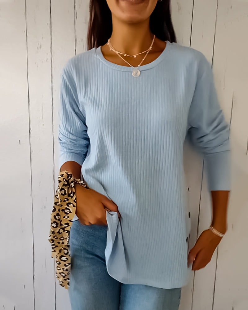 Aubrielle | Ribbed Knit Long Sleeve Top – Solid Colour Round Neck Shirt for Women